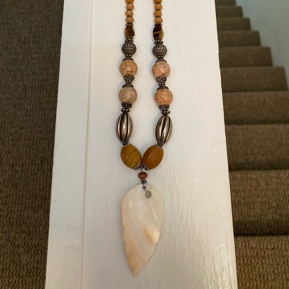 Vintage Sterling Silver HUGE Shell Agate Tigers Eye Beads Gemstones Necklace NEW